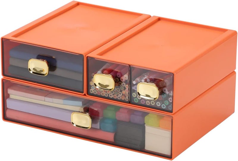 OSteed Spacious Desktop Storage Box, 1 Large 1 Middle & 2 Small Storage Drawers, Stackable Office Desk Drawer Organizer and Accessories, Printer Paper Organizer, Orange Plastic Drawers for Workspace - Image 4